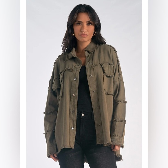 NWT Elan Dawn All You Need Is Love Distressed Jacket/Shacket Olive Green Medium - Picture 3 of 10